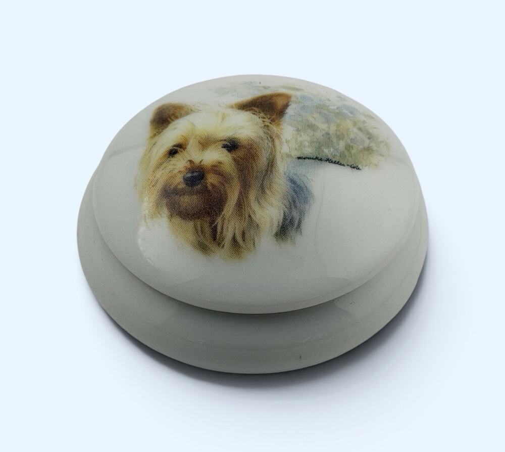 Limoges Porcelain Round Trinket Box Yorkie Dog- Rene Couty- France 1990s
